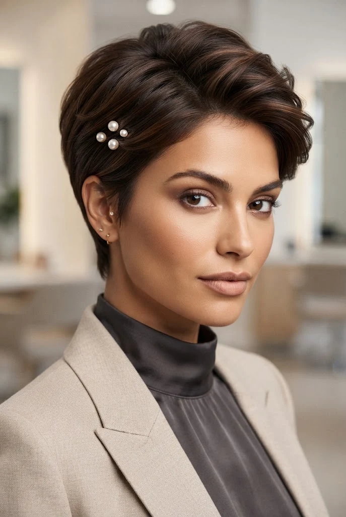 Polished Pearl Pin Accent Pixie — peinados cabello muy corto short hair style outfit