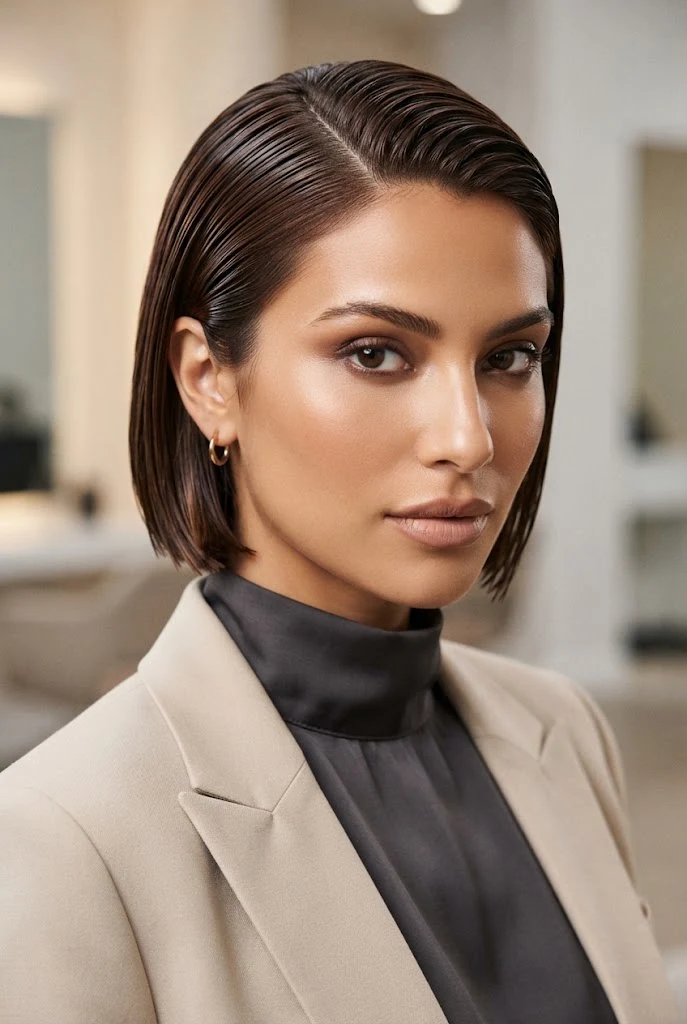 Ultra-Glossy Wet-Look Micro Bob — peinados cabello muy corto short hair style outfit