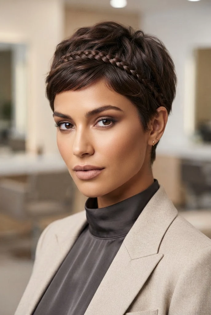 Micro-Braided Crown Accent on Cropped Hair — peinados cabello muy corto short hair style outfit