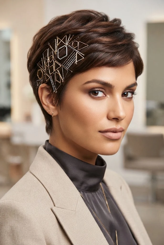 Metallic Bobby Pin Geometric Art — peinados cabello muy corto short hair style outfit