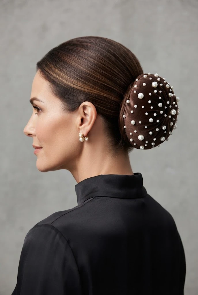 The Pearl-Embellished Velvet Bun — peinados chongos elegantes style outfit