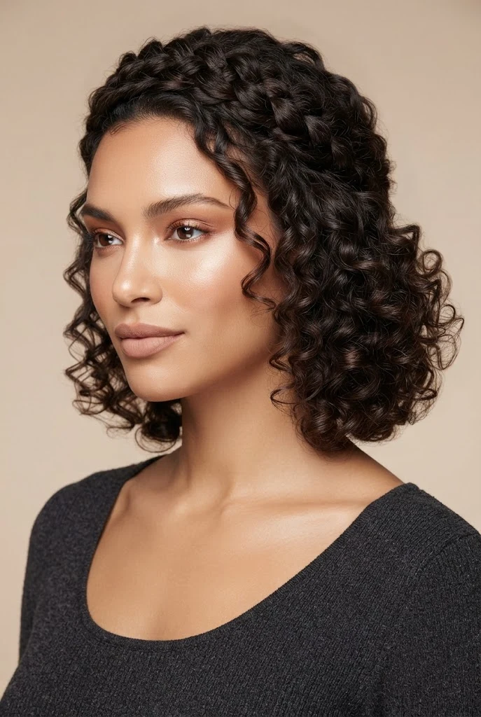 Crown Braid on Short Curls — peinados con cabello chino corto style outfit