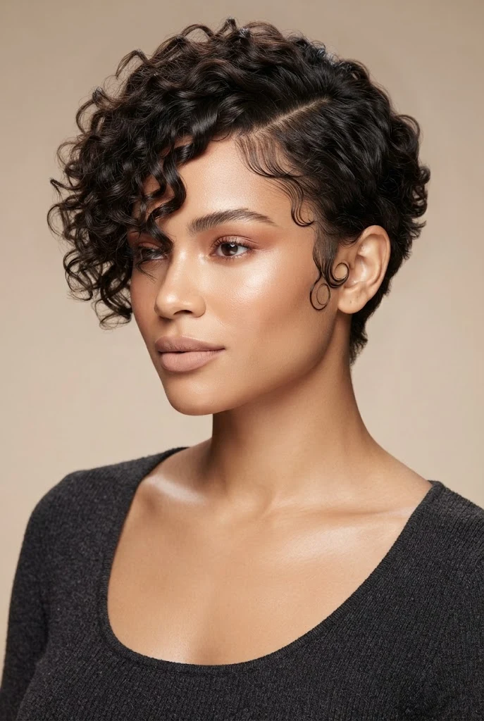 Side-Parted Pixie with Sculpted Edges — peinados con cabello chino corto style outfit