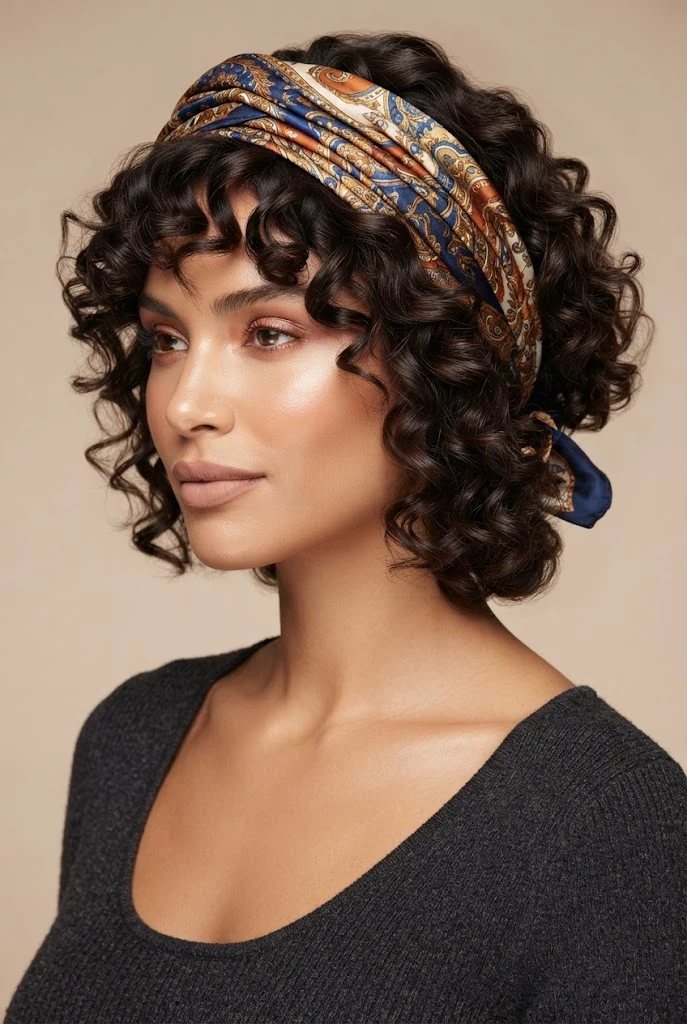 Silk Scarf Wrapped Curly Bob — peinados con cabello chino corto style outfit