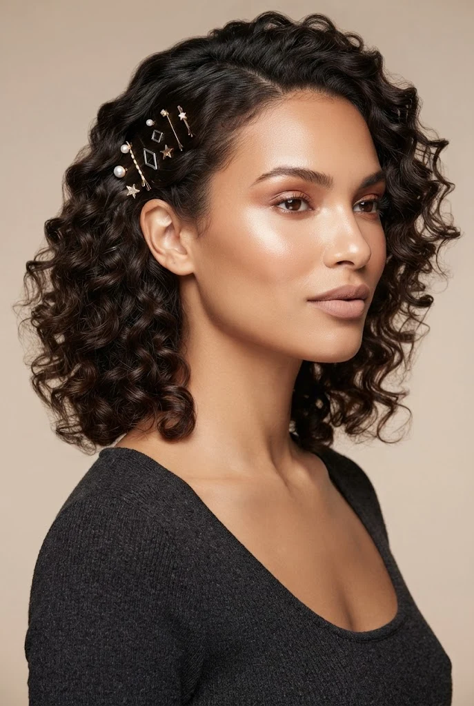Pinned-Back Curly Sides with Accent Clips — peinados con cabello chino corto style outfit