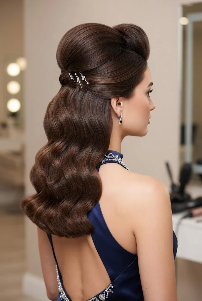 Glamorous Up-Swept Pomp Half-Up — peinados con cabello suelto elegantes style outfit