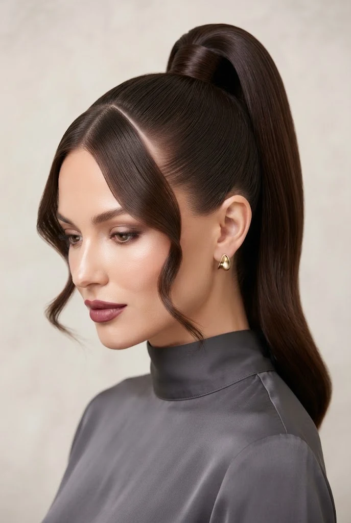 Sleek High Pony with a Dramatic Side Part — peinados con cola alta elegantes style outfit