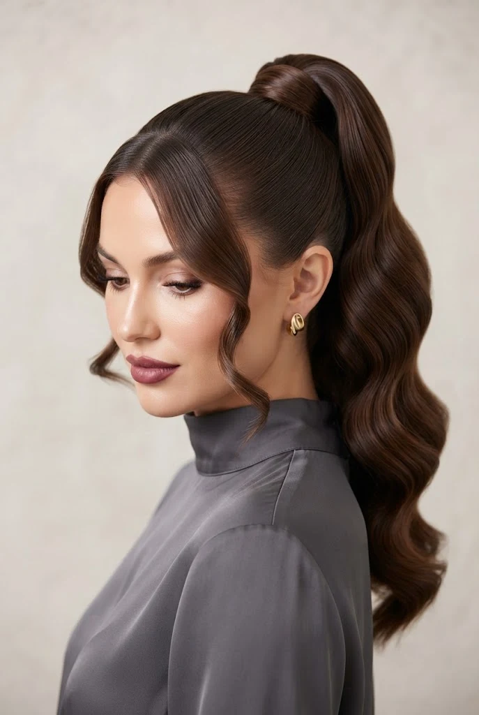 Hollywood Glamour Waves in a High Pony — peinados con cola alta elegantes style outfit
