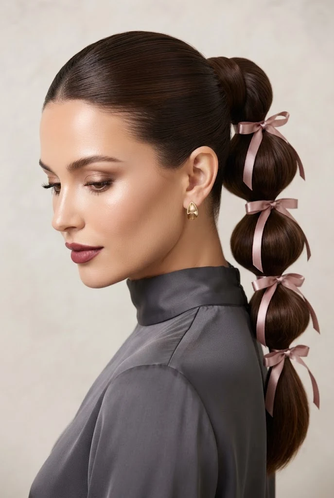 Bubble Ponytail with Satin Ribbon Accents — peinados con cola alta elegantes style outfit