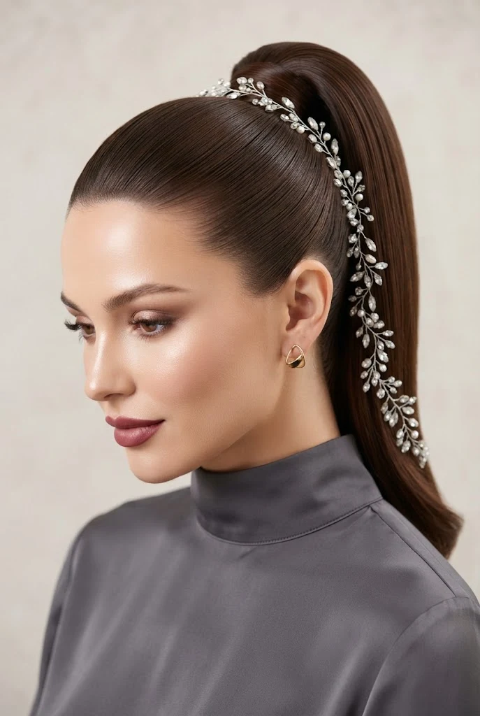 Polished High Tail with Crystal Hair Vine — peinados con cola alta elegantes style outfit