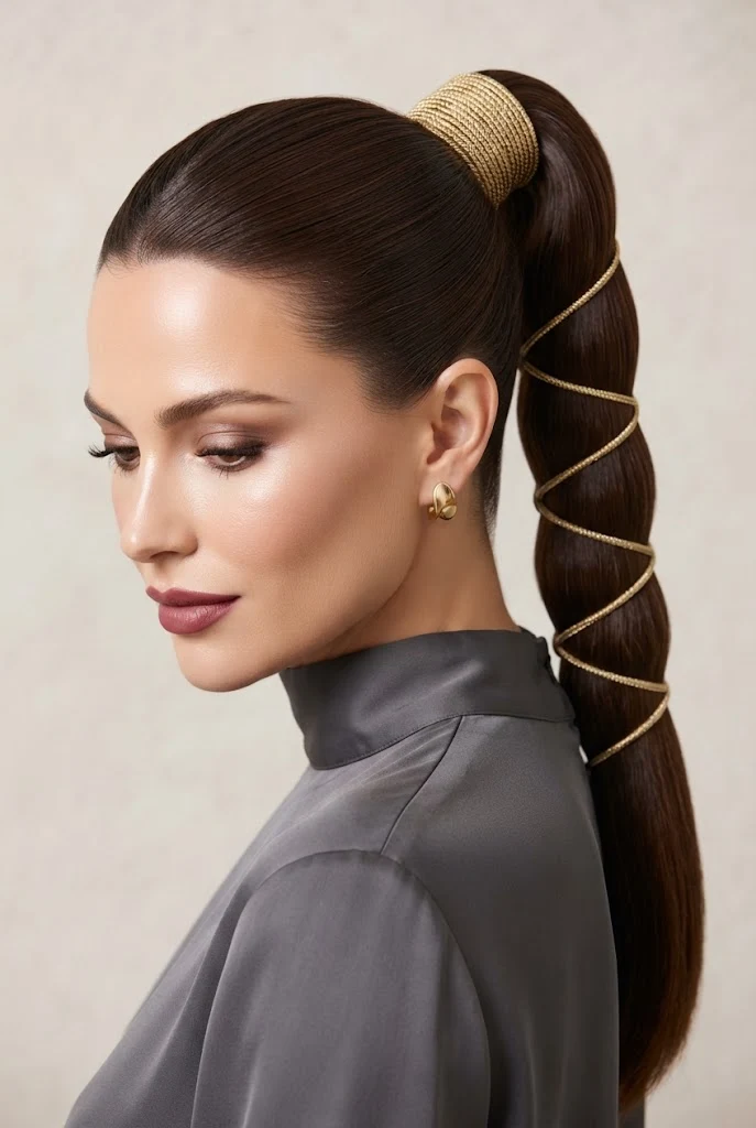 High Ponytail Wrapped in Gold Metallic Cording — peinados con cola alta elegantes style outfit