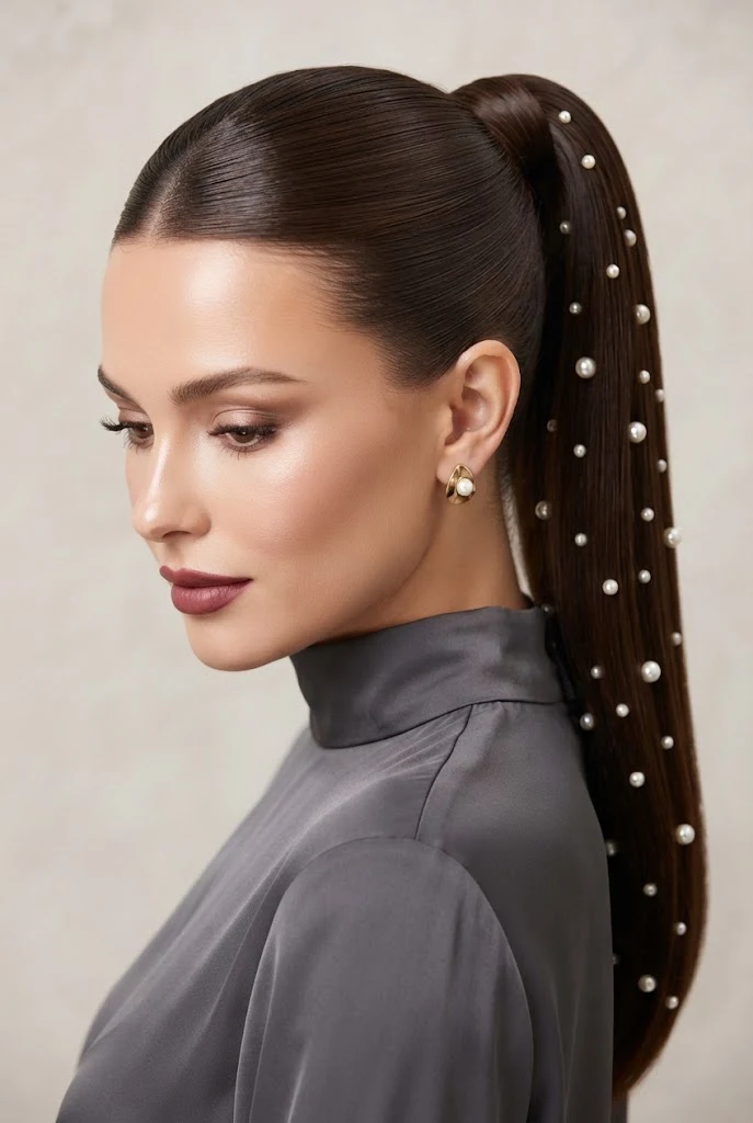 Sleek High Tail with Pearl Pin Embellishments — peinados con cola alta elegantes style outfit