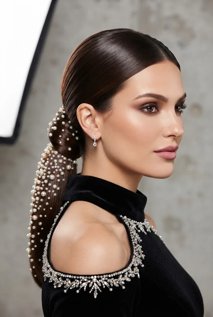 Pearl-Studded Low Ponytail — peinados con coletas elegantes style outfit