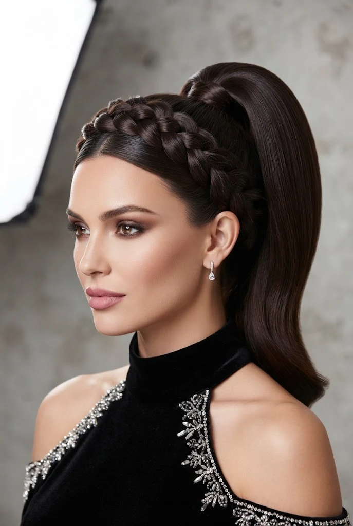 Braided Crown into Sleek High Ponytail — peinados con coletas elegantes style outfit