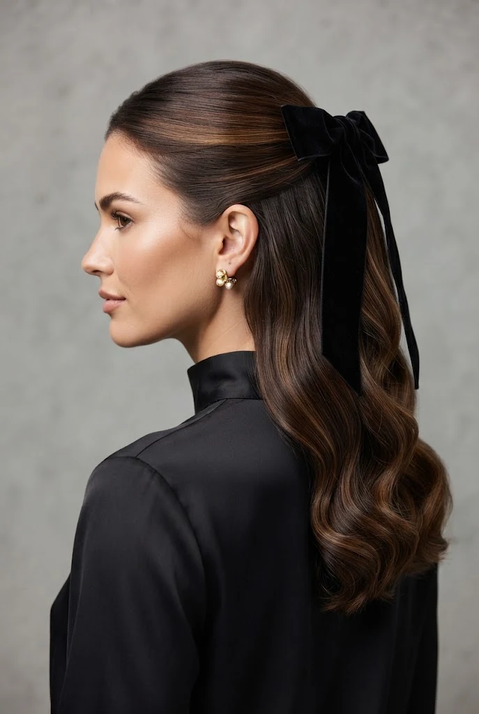 The Velvet Bow Half-Up Cascade — peinados con el pelo suelto elegantes style outfit