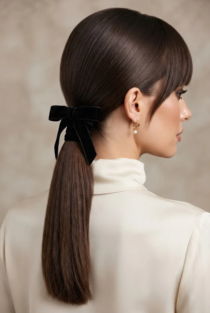 The Velvet Ribbon Low Ponytail — peinados con fleco elegantes style outfit