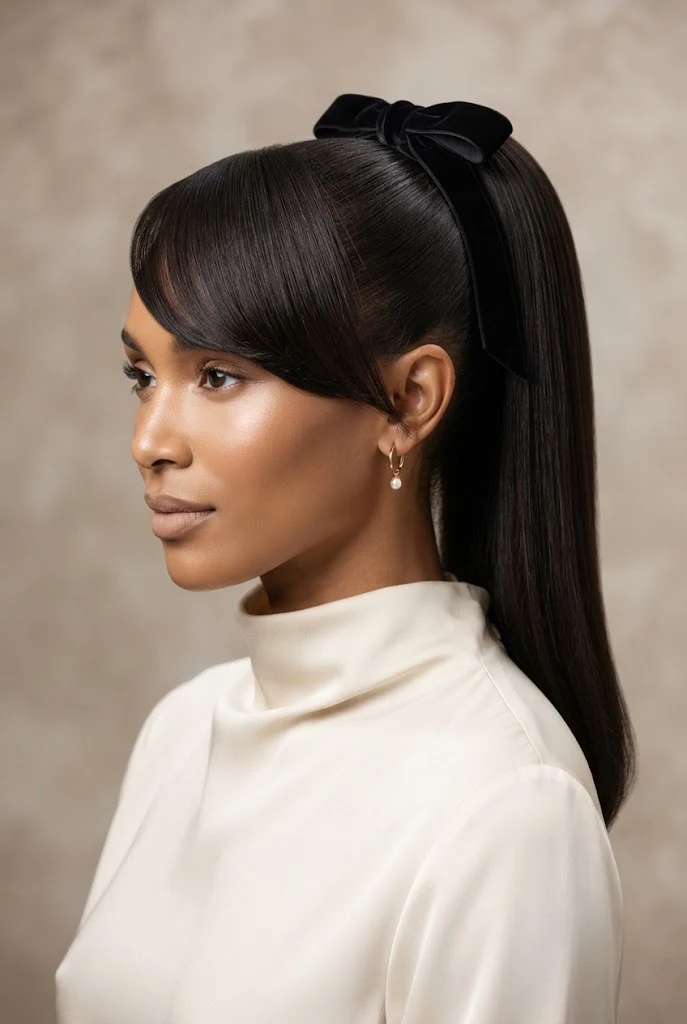 Velvet Bow Ponytail Wrap Elegance — peinados con fleco elegantes style outfit