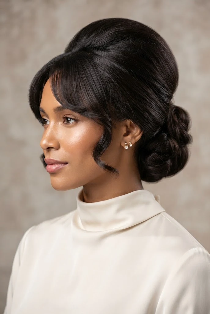 The Puffed Crown Retro Tease — peinados con fleco elegantes style outfit