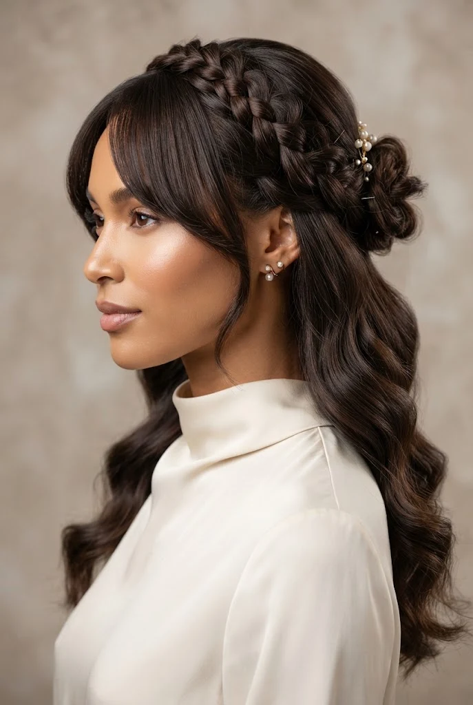 The Braided Crown Half-Up Knot — peinados con fleco elegantes style outfit