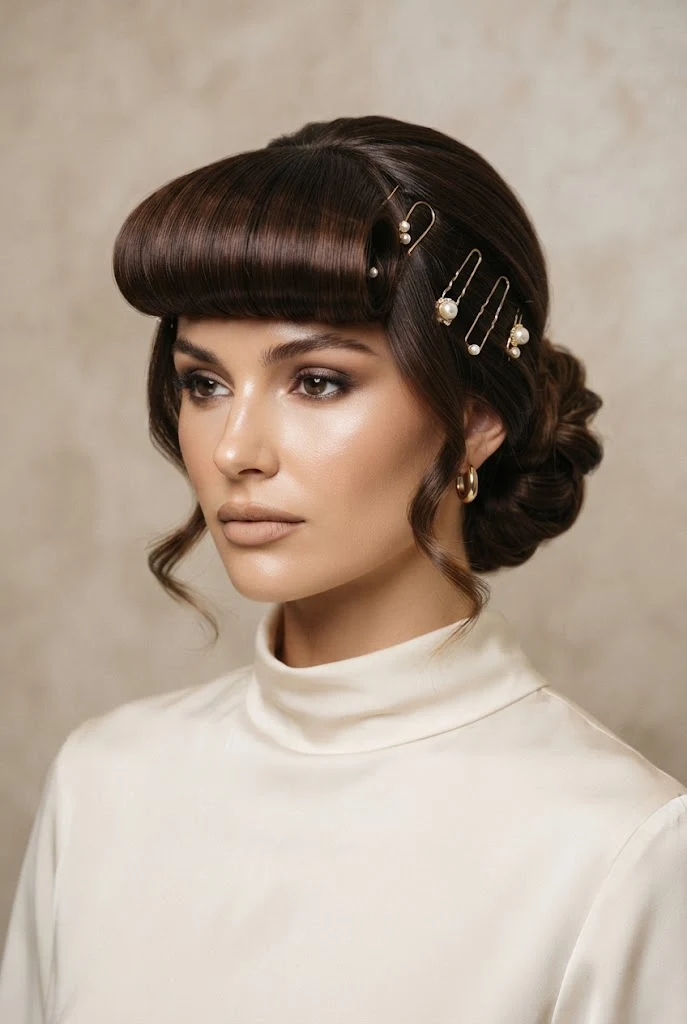 The French Pin Roll Fringe — peinados con fleco elegantes style outfit