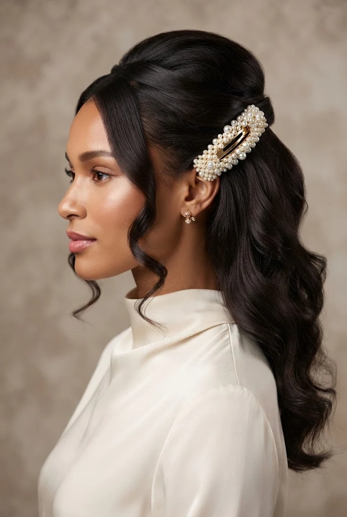 The Polished Pearl Clip Half-Up — peinados con fleco elegantes style outfit
