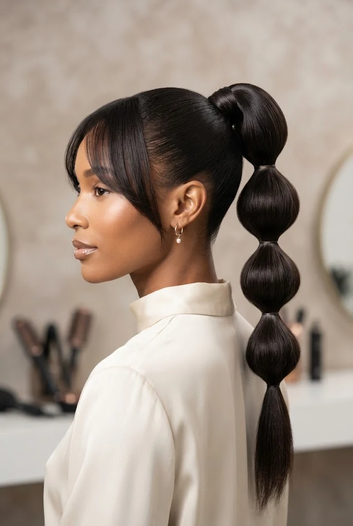 The Sleek High Bubble Ponytail — peinados con fleco elegantes style outfit
