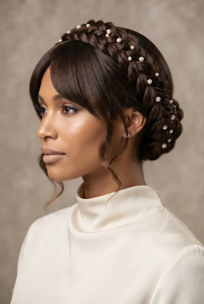 The Braided Halo Crown with Pearl Accents — peinados con fleco elegantes style outfit