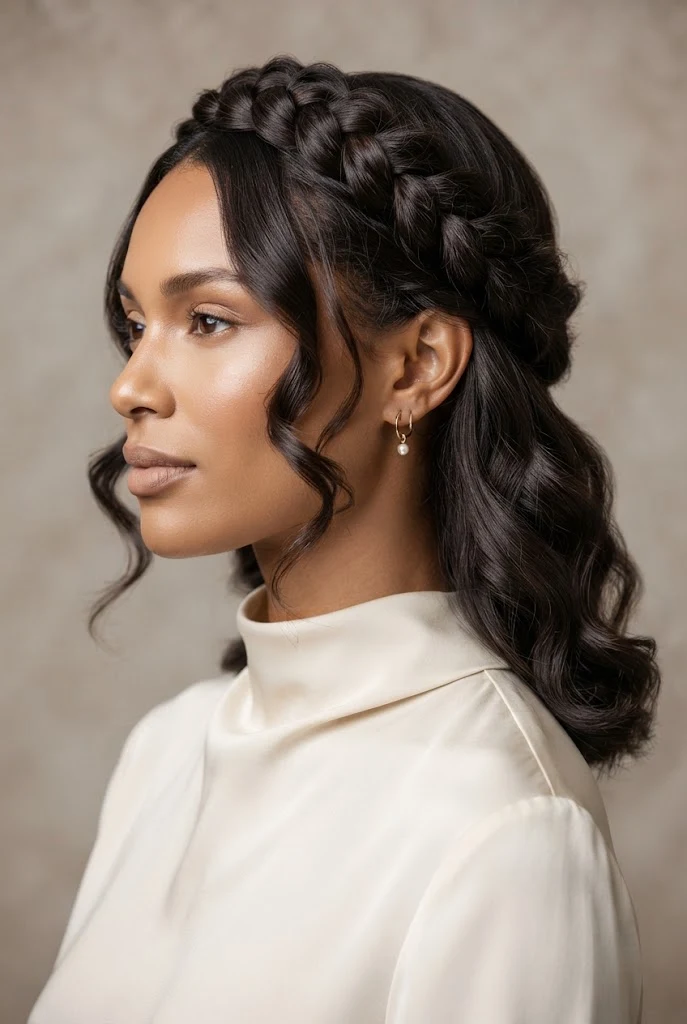 The Half-Up Braided Crown Waves — peinados con ondas elegantes style outfit