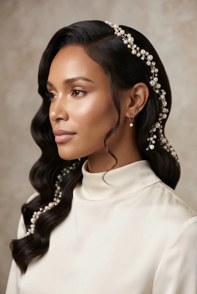 The Pearl-Accented Side-Swept Waves — peinados con ondas elegantes style outfit