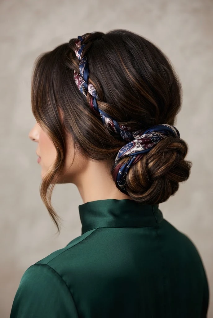 Scarf-Interwoven Chignon — peinados con trenzas elegantes fiestas style outfit