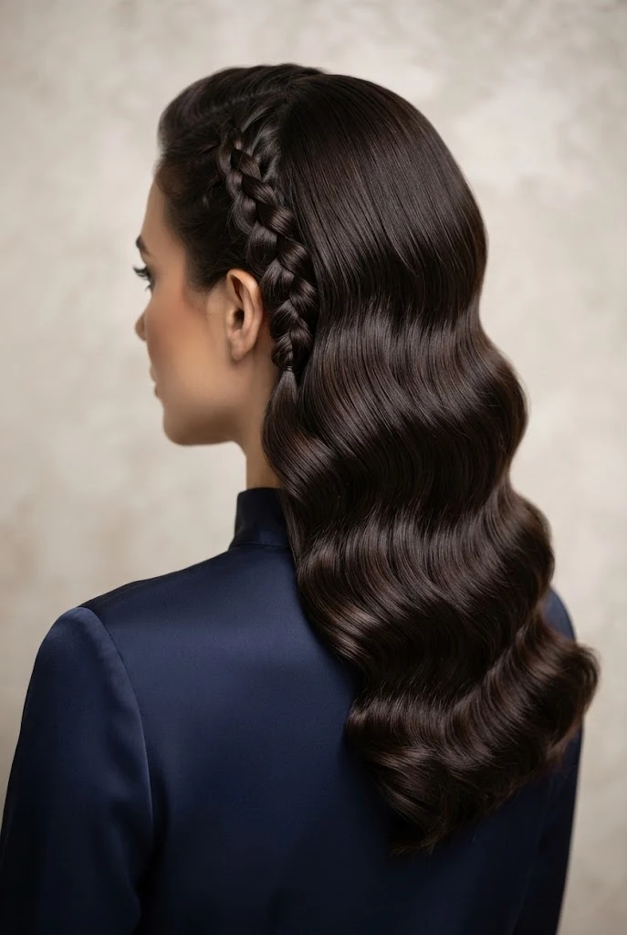 Glamorous Hollywood Waves with Side Braid — peinados con trenzas elegantes fiestas style outfit