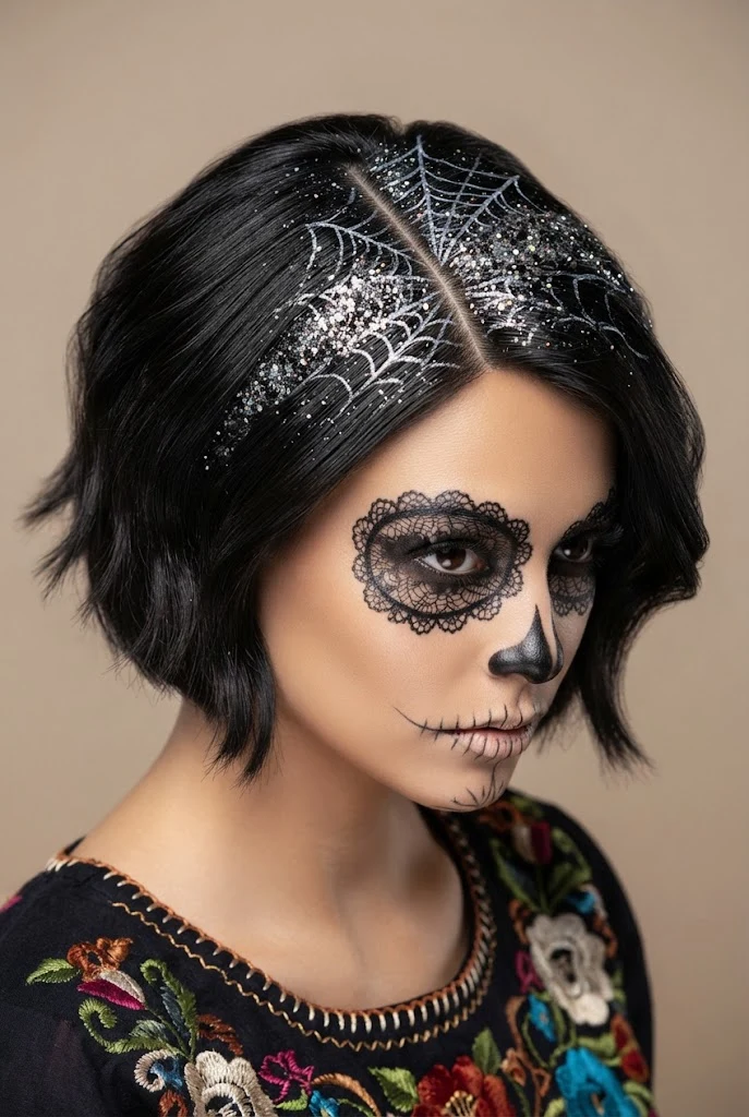 Spiderweb Parting with Glitter Roots — peinados de catrinas cabello corto style outfit