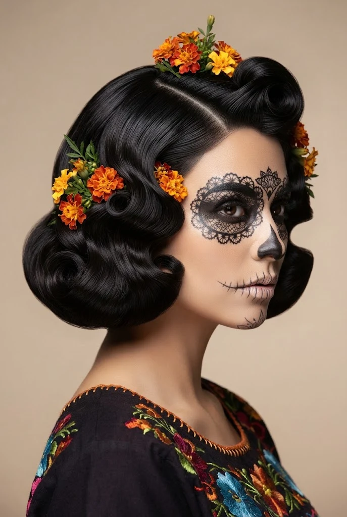 Retro Pin-Up Curls with Mini Marigolds — peinados de catrinas cabello corto style outfit