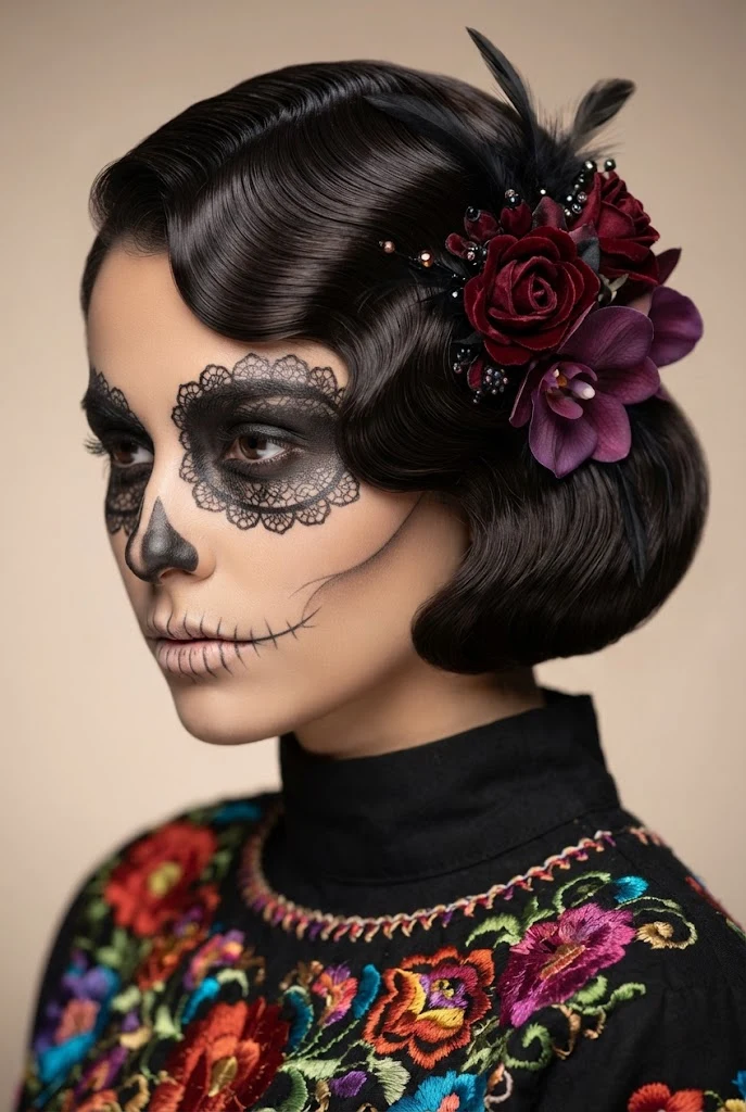 Finger Wave Calavera Chic — peinados de catrinas cabello corto style outfit