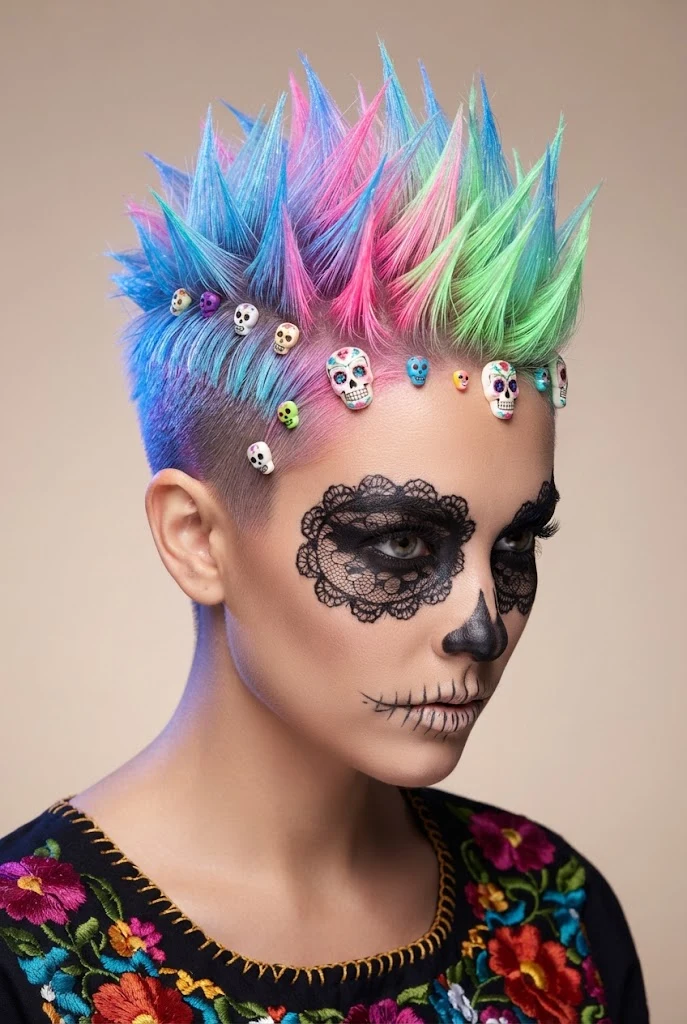 Neon Punk Spikes and Sugar Skull Accents — peinados de catrinas cabello corto style outfit