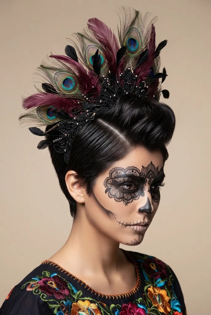 Feathered Headpiece Illusion — peinados de catrinas cabello corto style outfit