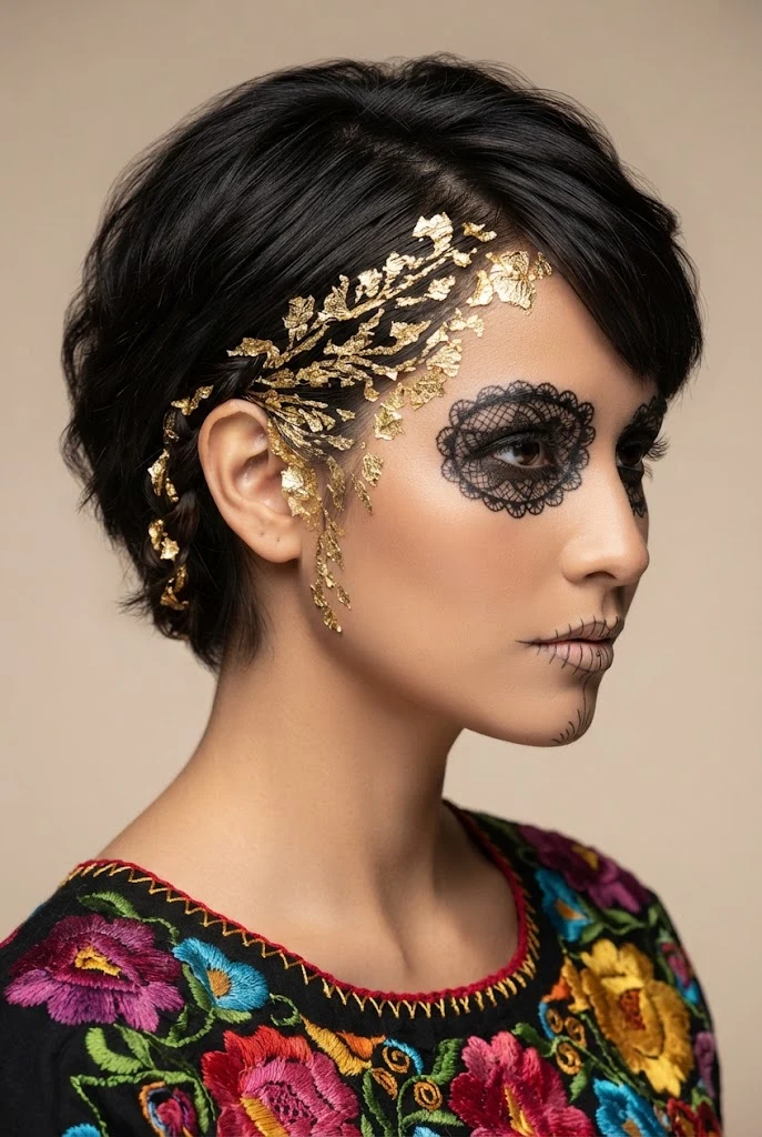 Metallic Gold Leaf Temple Accents — peinados de catrinas cabello corto style outfit