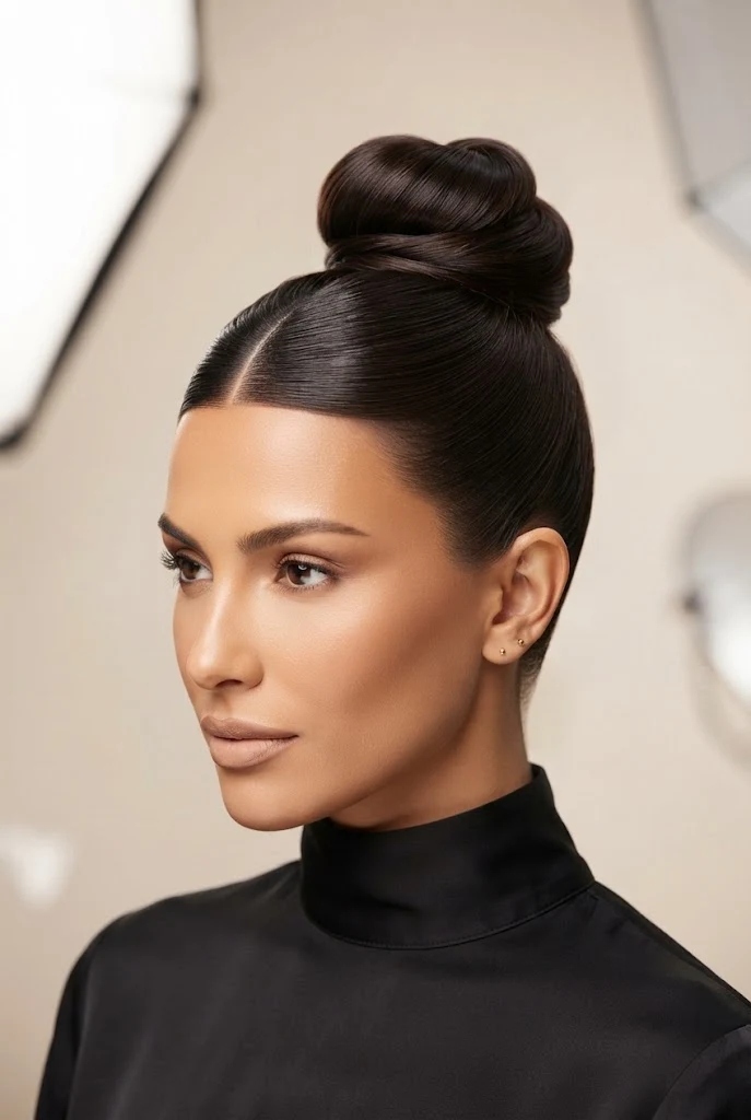 Sleek Top Knot with Middle Part — peinados de chongos elegantes style outfit
