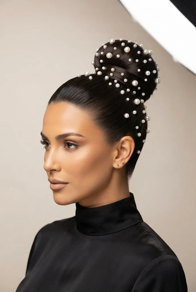 Pearl-Embellished High Ponytail Bun — peinados de chongos elegantes style outfit