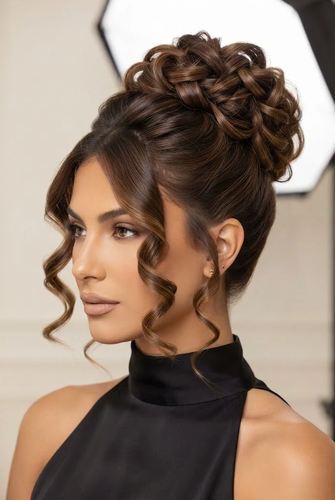 High Updo with Face-Framing Curled Tendrils — peinados de chongos elegantes style outfit