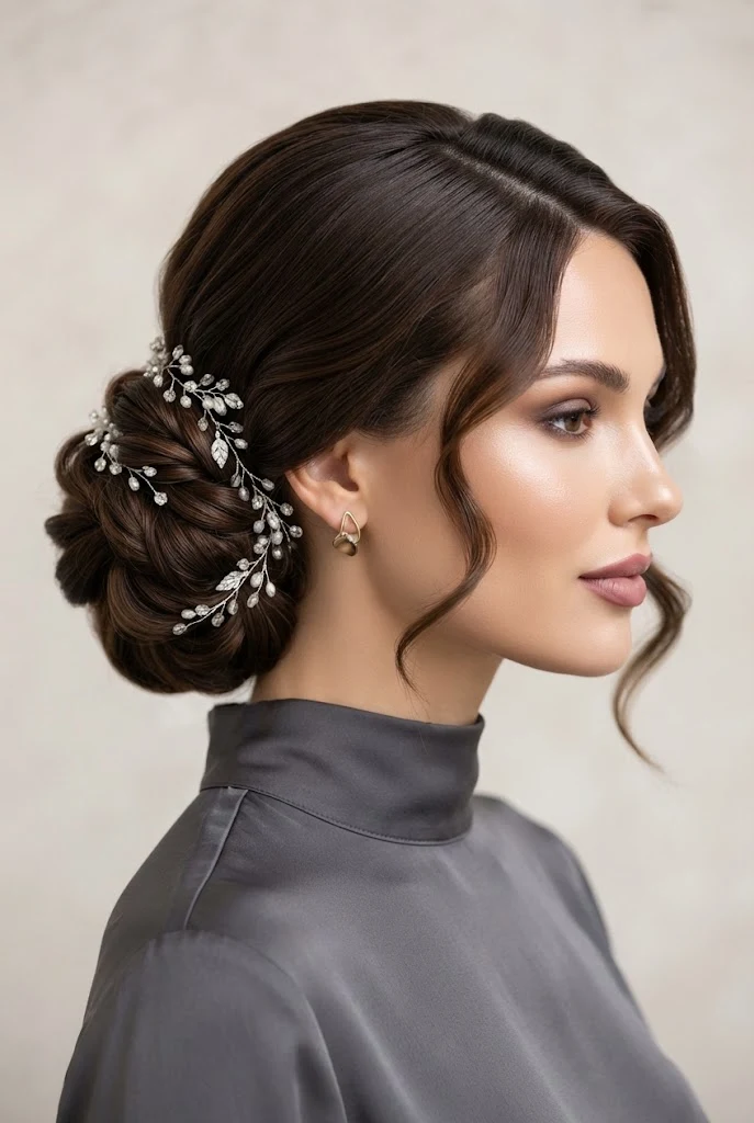 Low Side Bun with Crystal Vine — peinados de lado elegantes style outfit