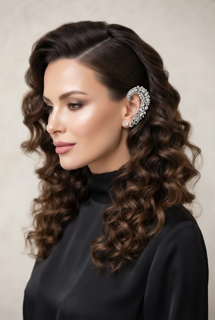 Swept-Back Curls with Statement Ear Cuff — peinados de lado elegantes style outfit