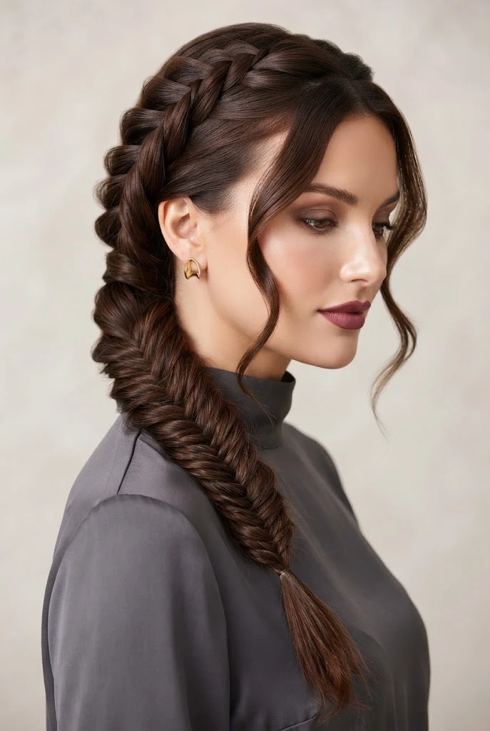 Fishtail Braid Swept Over the Shoulder — peinados de lado elegantes style outfit