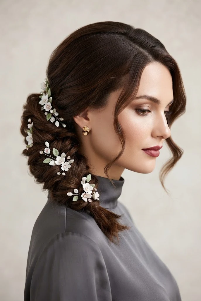 Romantic Side Roll with Floral Pins — peinados de lado elegantes style outfit