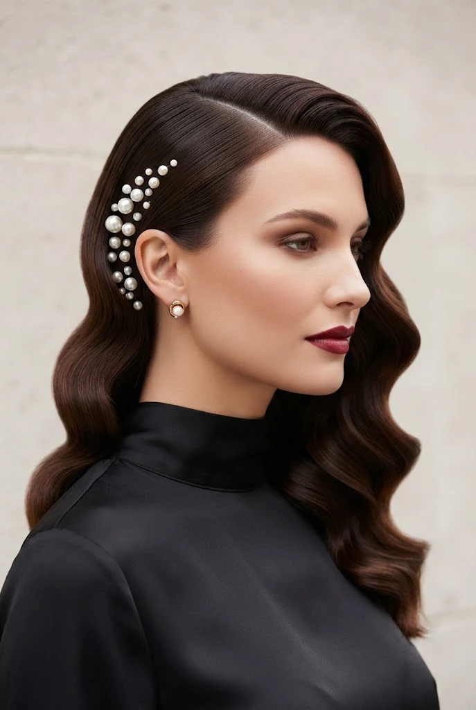 Sleek Hollywood Sweep with Pearl Pins — peinados de lado elegantes style outfit
