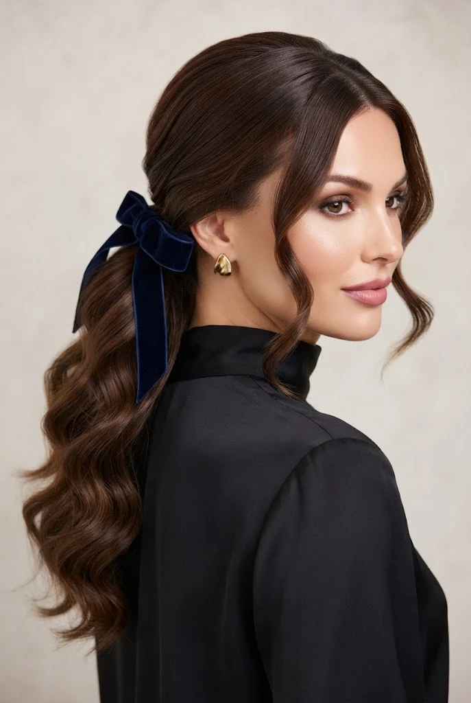 Cascading Side Ponytail with Velvet Bow — peinados de lado elegantes style outfit