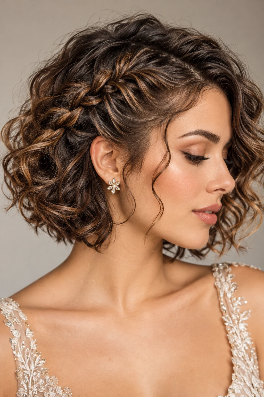 Side-Braided Curly Bob — peinados elegantes cabello corto style outfit