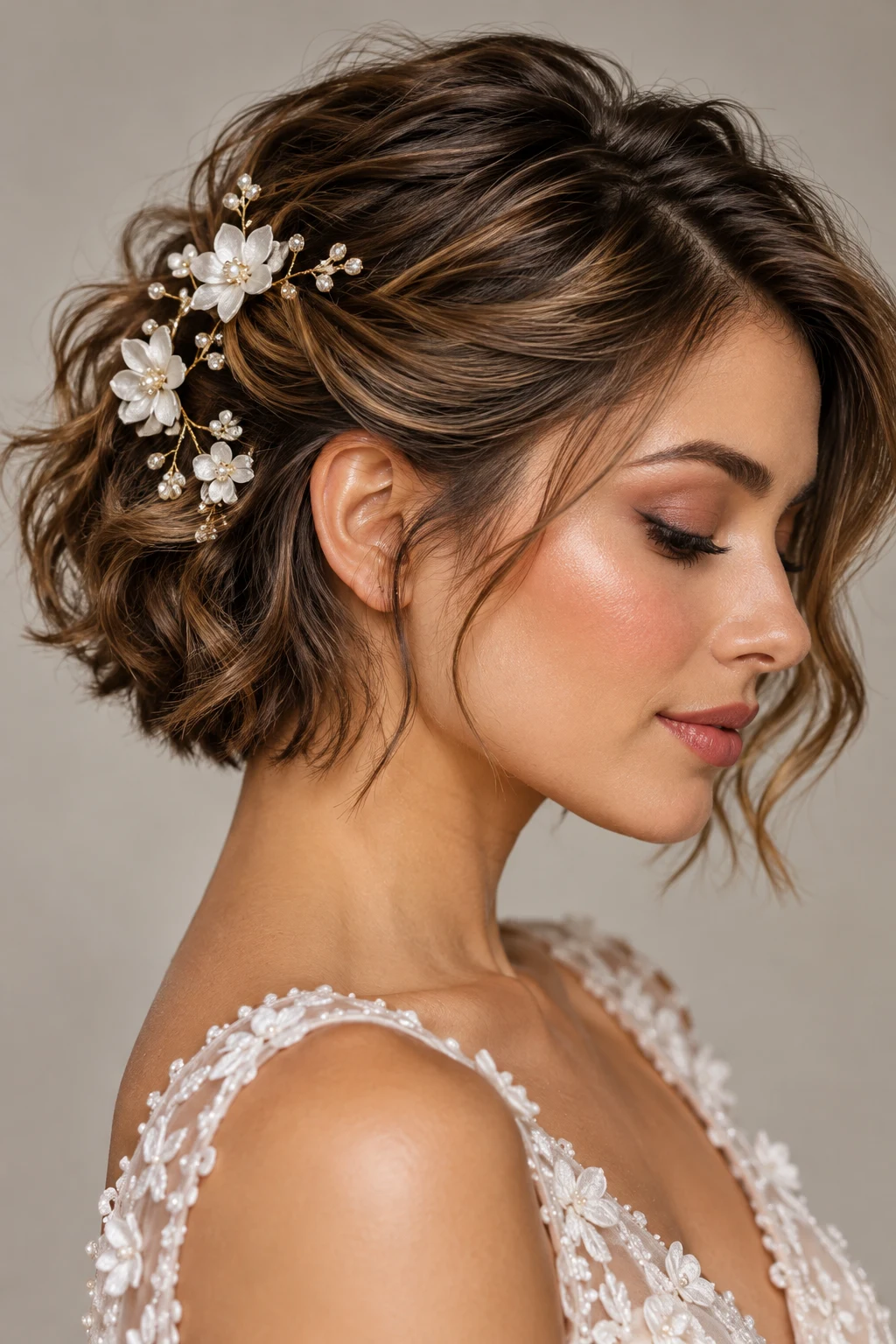 Bridal Short Hair With Floral Pins — peinados elegantes cabello corto style outfit