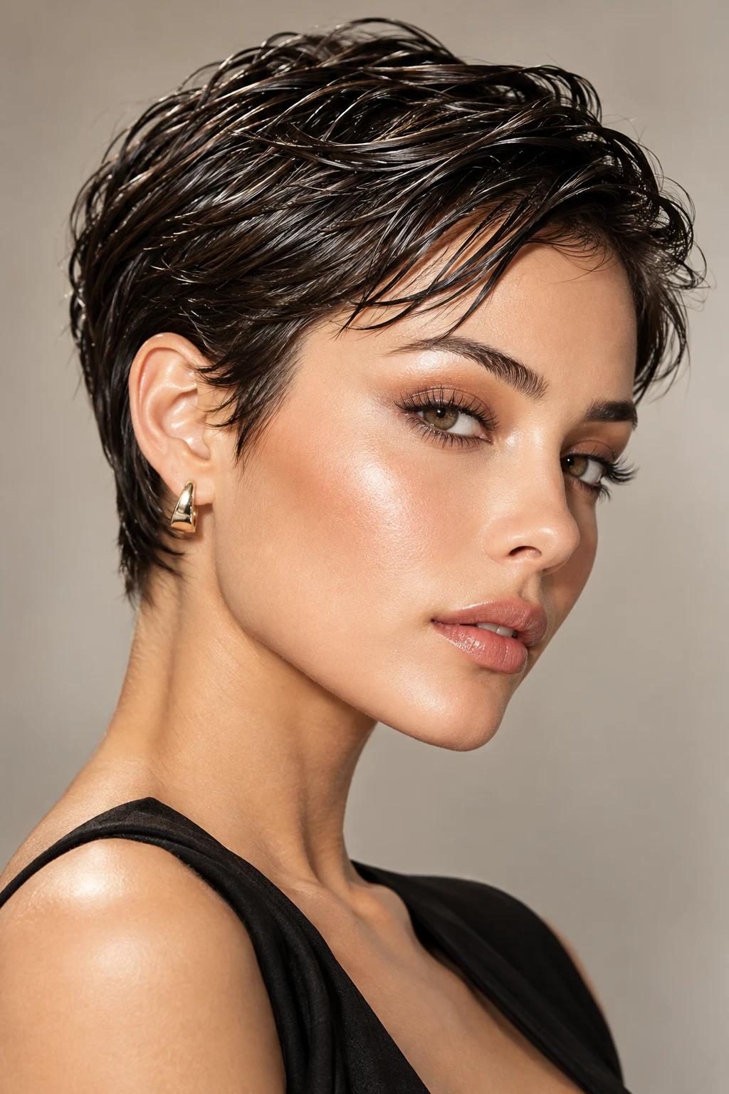 Sleek Wet-Look Pixie — peinados elegantes cabello corto style outfit