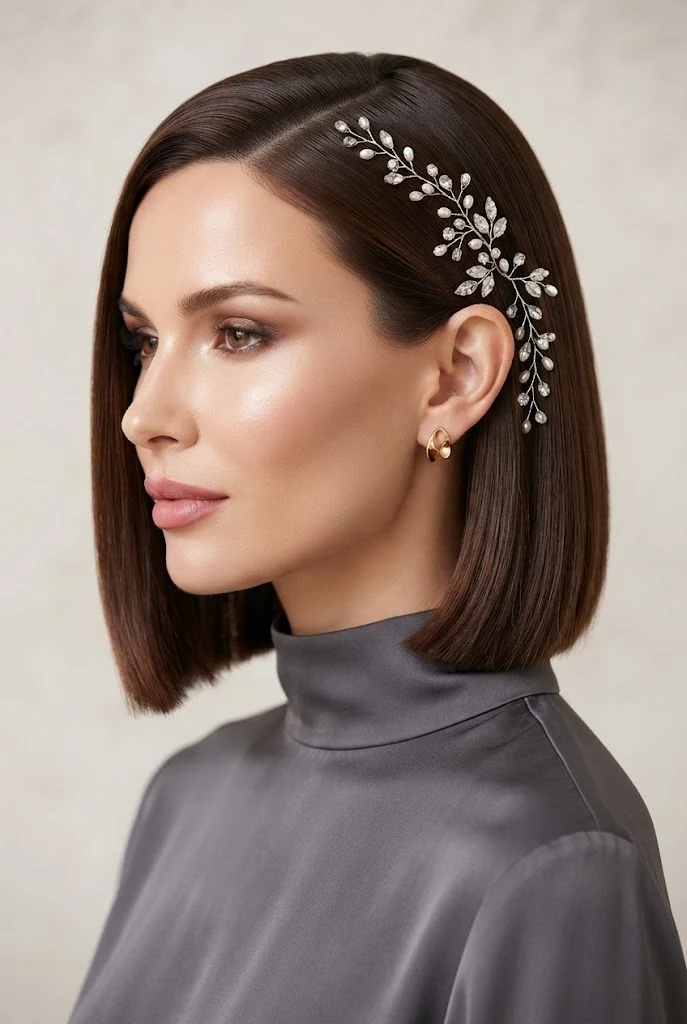 Sleek Tucked Bob with Crystal Hair Vine — peinados elegantes cabello corto suelto style outfit